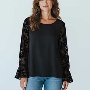 Colleen Lopez Black Velvet Mesh Balloon Sleeve Top - Sizes Small & Large - New